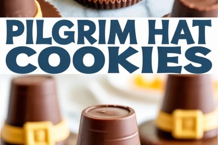 Chocolate pilgrim hat cookies assembled with fudge-striped cookies, upside-down peanut butter cups, and yellow fondant buckles for a festive Thanksgiving dessert.