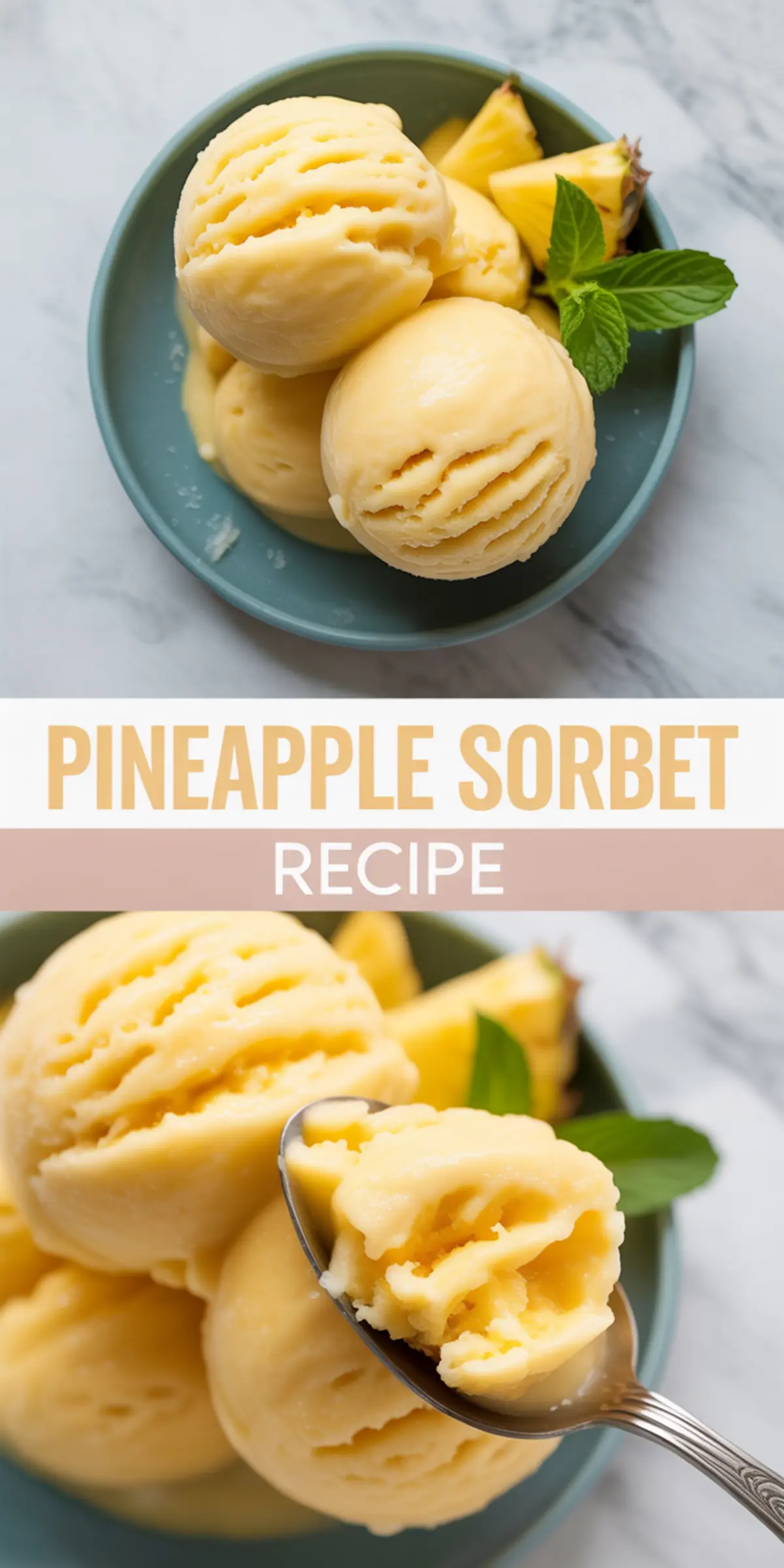 Scoops of homemade pineapple sorbet in a blue bowl garnished with fresh pineapple wedges and mint leaves.