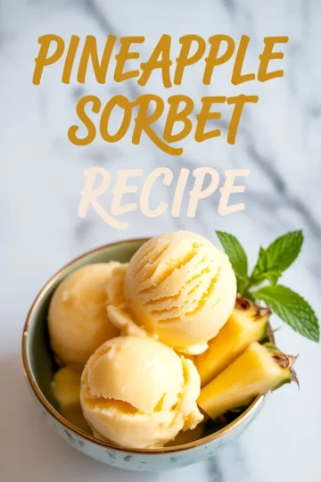 Bowl of pineapple sorbet topped with mint leaves and pineapple slices with text overlay that reads “Pineapple Sorbet Recipe.”