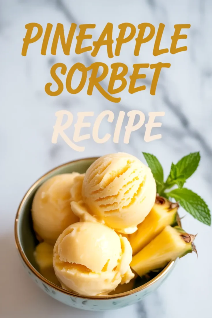 Bowl of pineapple sorbet topped with mint leaves and pineapple slices with text overlay that reads “Pineapple Sorbet Recipe.”