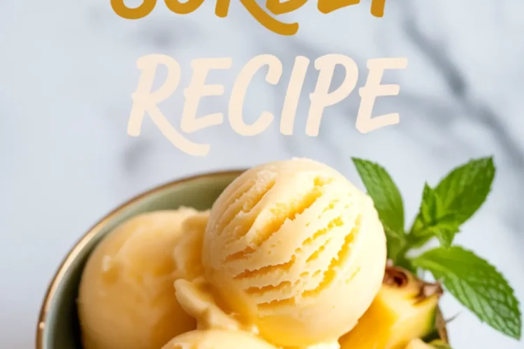 Bowl of pineapple sorbet topped with mint leaves and pineapple slices with text overlay that reads “Pineapple Sorbet Recipe.”