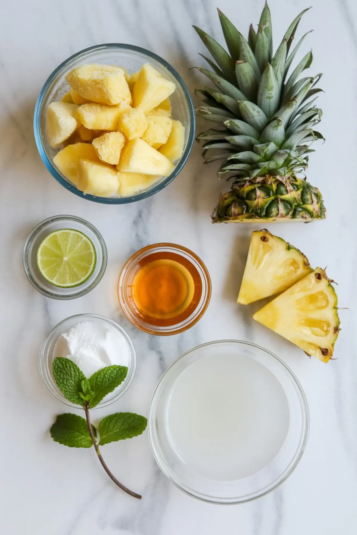 Bowl of frozen pineapple chunks, fresh pineapple, lime, honey, mint leaves, coconut milk, and sugar displayed on a marble surface.