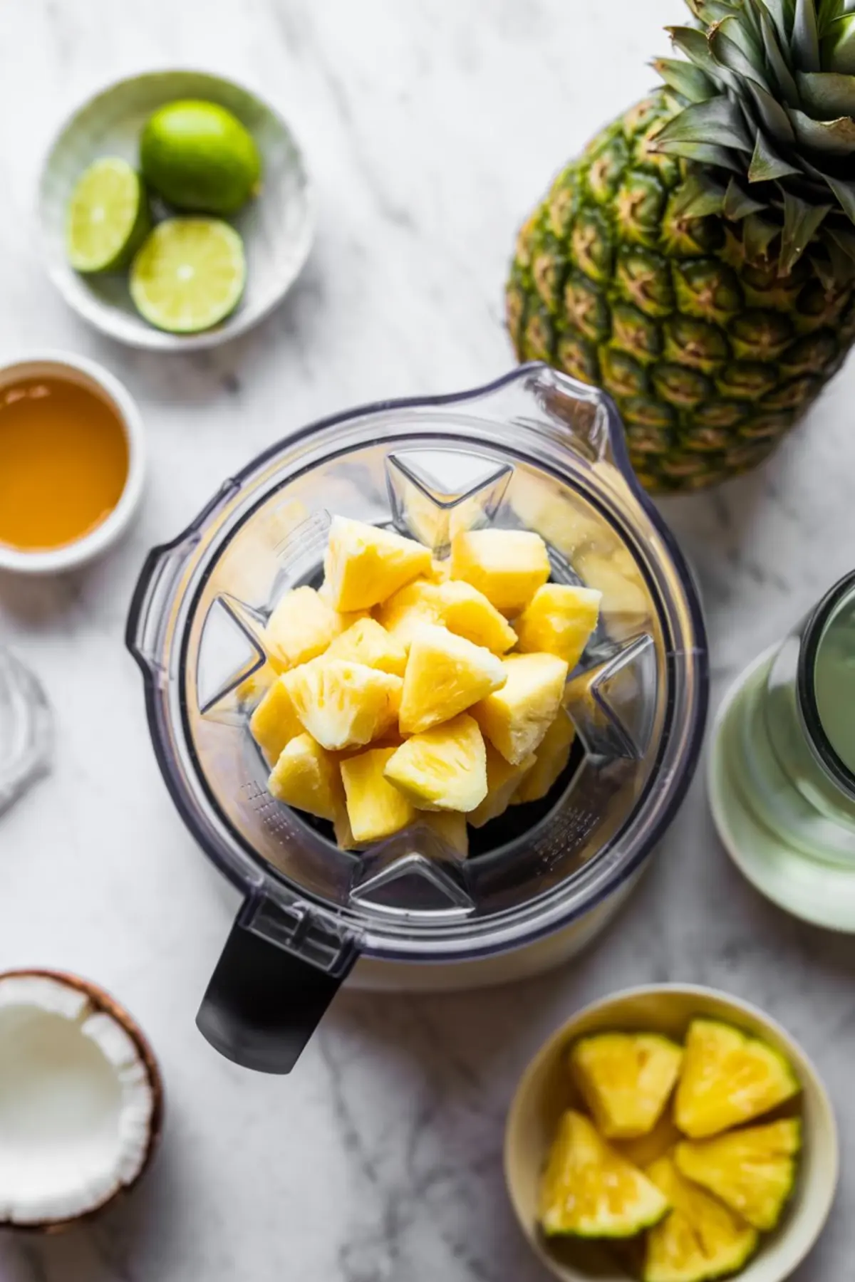 Blender filled with fresh pineapple chunks surrounded by limes, honey, coconut, and a whole pineapple on a marble counter.