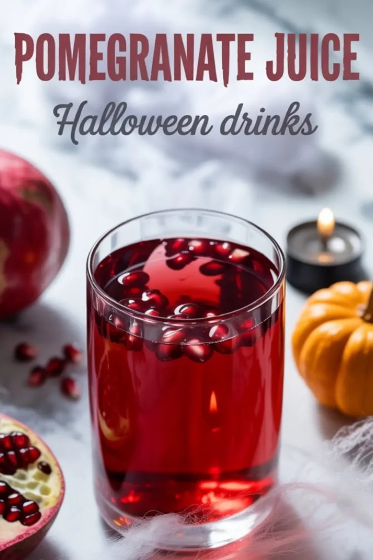 Glass of pomegranate juice with floating seeds on a Halloween-themed setup, surrounded by a whole pomegranate, a small pumpkin, and a lit tealight candle on a marble surface.