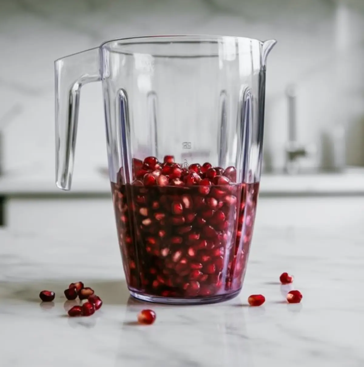 Blender jar filled halfway with fresh pomegranate seeds, placed on a white marble counter with scattered seeds around the base.
