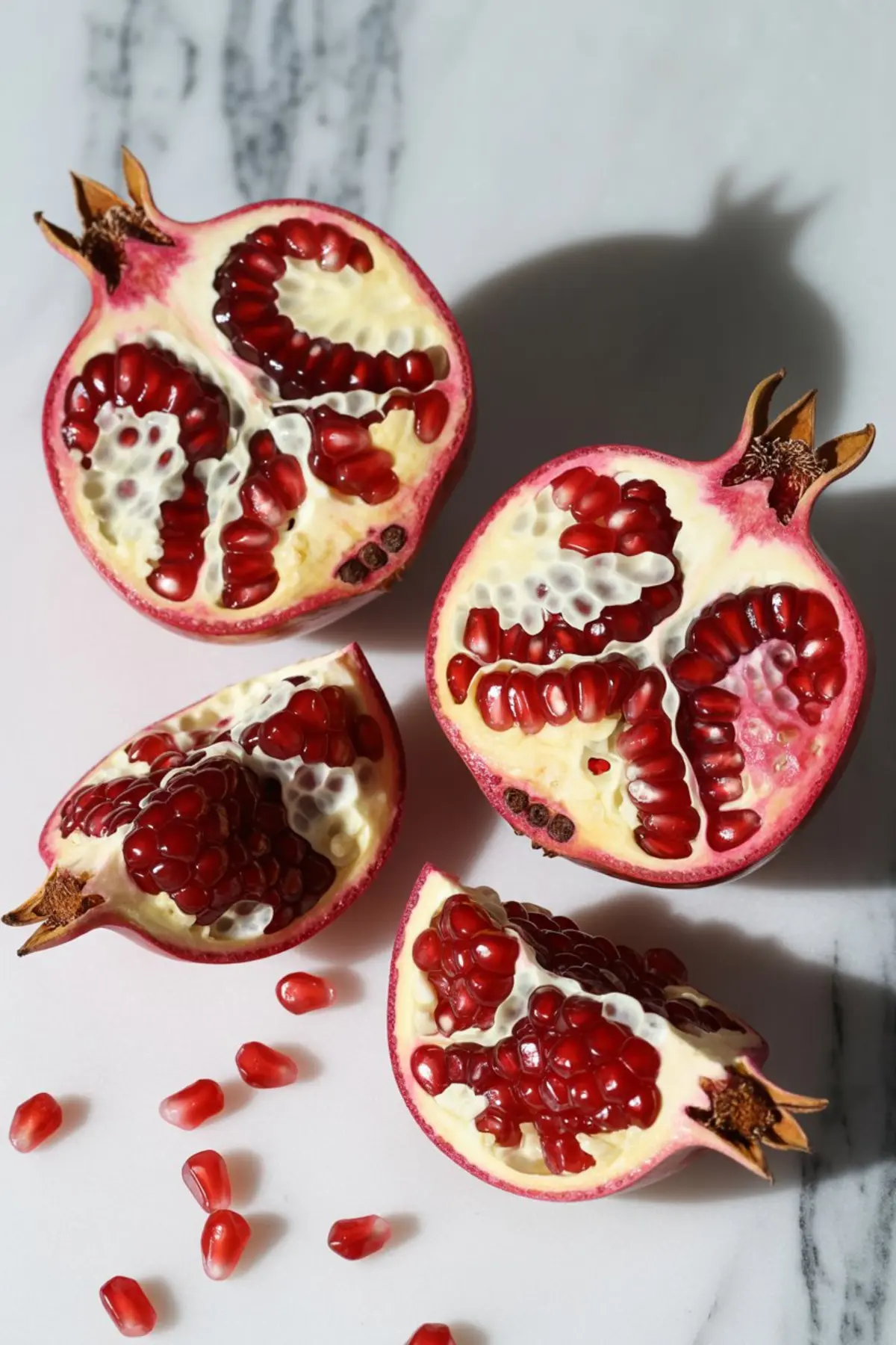 Overhead shot of a sliced open pomegranate revealing vibrant ruby red seeds on a white marble background, with loose arils scattered around.
