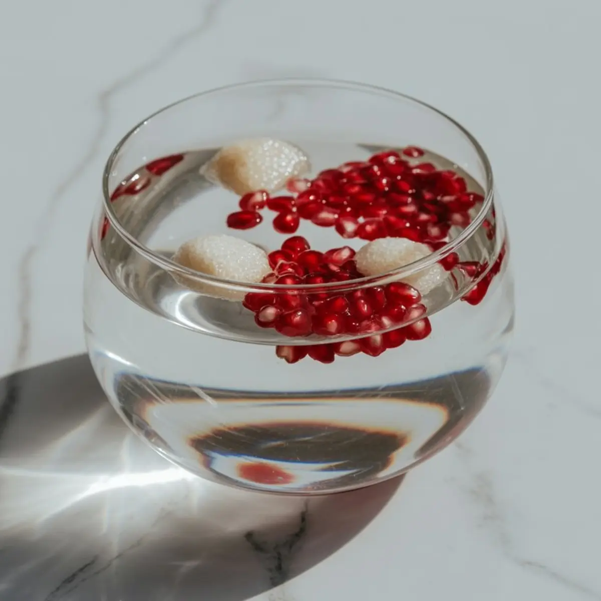 Clear glass bowl filled with water, floating pomegranate seeds, and peeled lychee fruit on a white marble surface with dramatic natural lighting.
