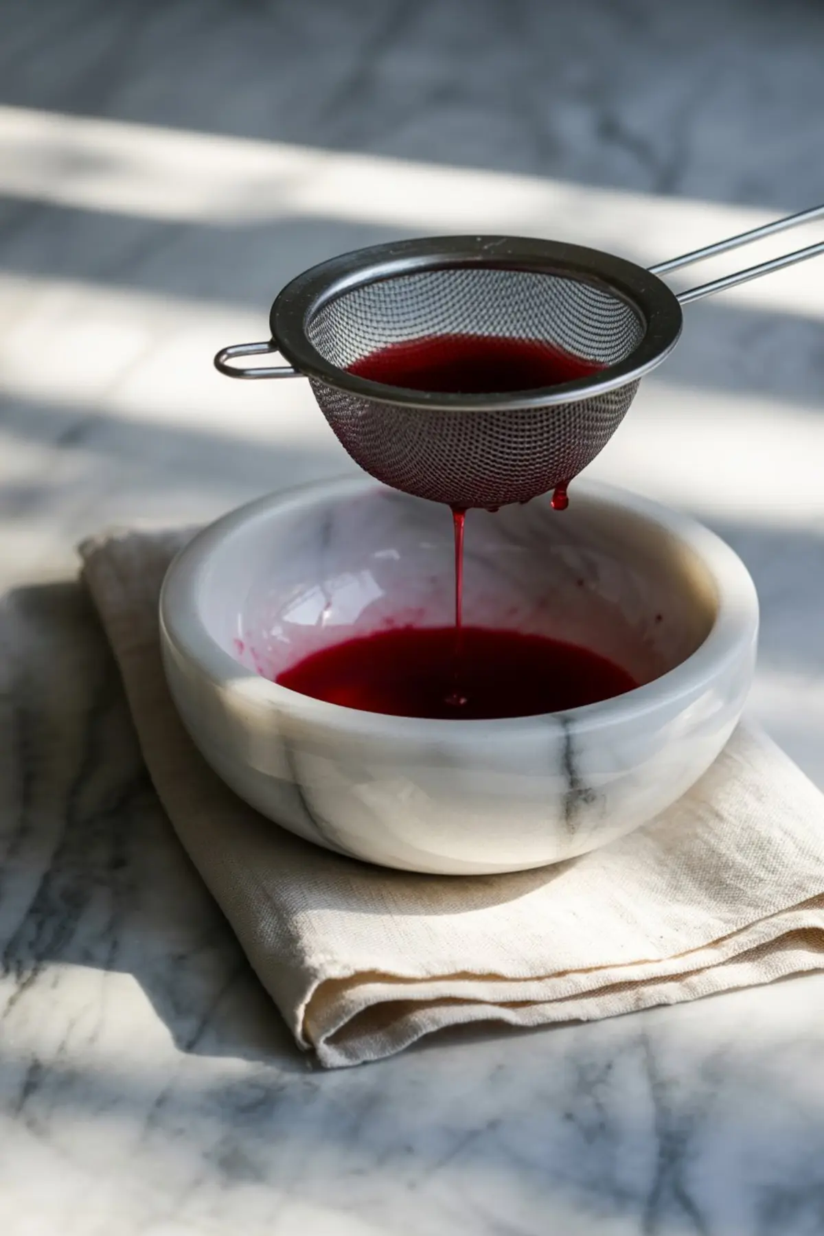 Close-up of red pomegranate juice being strained through a fine mesh sieve into a white marble bowl, placed on a neutral cloth napkin.
