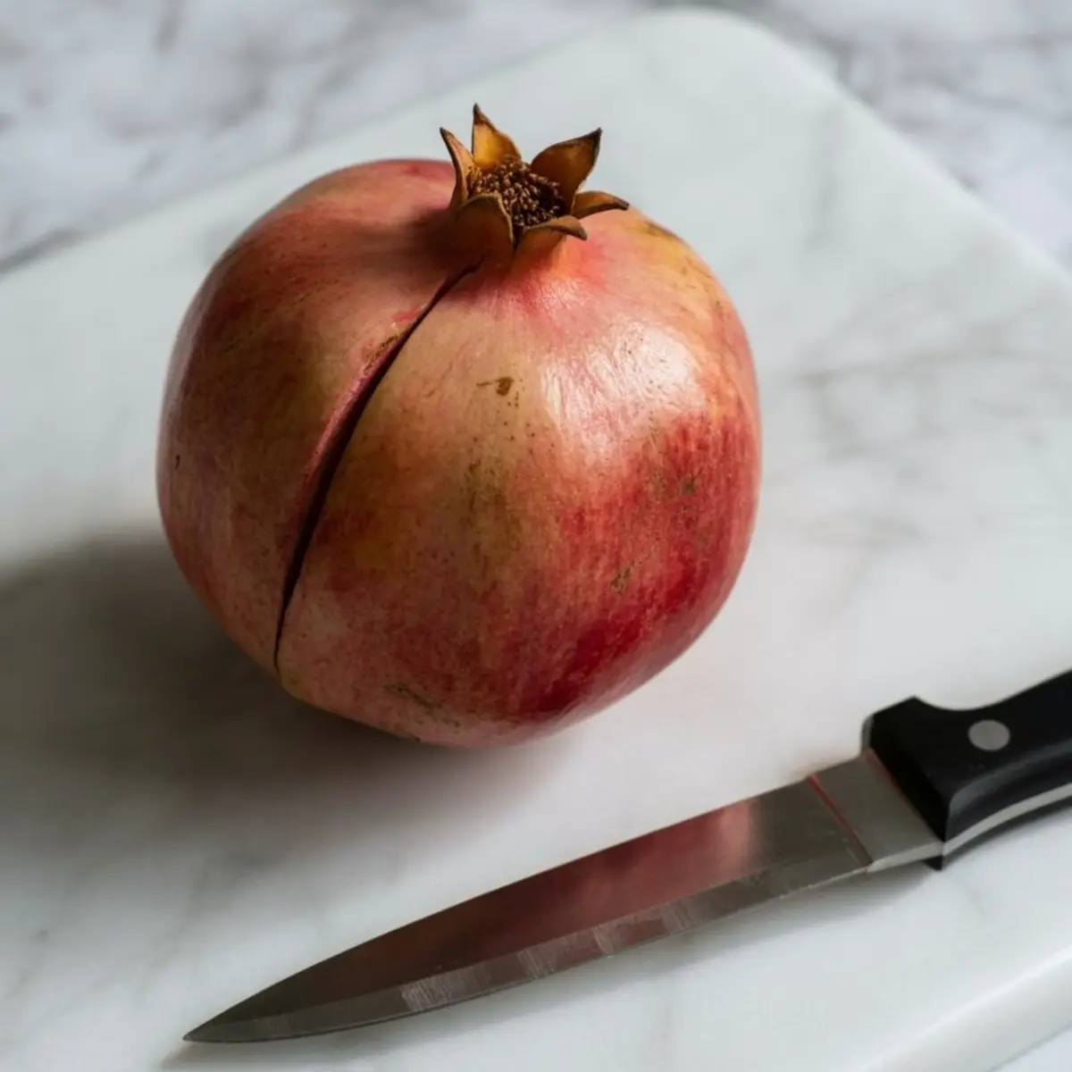 Whole pomegranate with a vertical cut placed on a white marble cutting board next to a sharp kitchen knife with a black handle.
