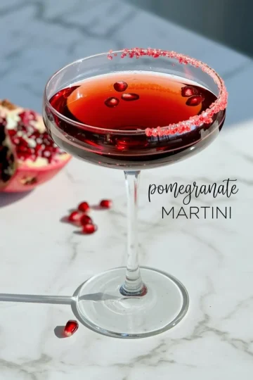 A pomegranate martini garnished with floating pomegranate seeds and a pink sugar rim, served in a coupe glass on a sunlit marble surface with a halved pomegranate in the background.
