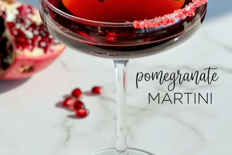 A pomegranate martini garnished with floating pomegranate seeds and a pink sugar rim, served in a coupe glass on a sunlit marble surface with a halved pomegranate in the background.