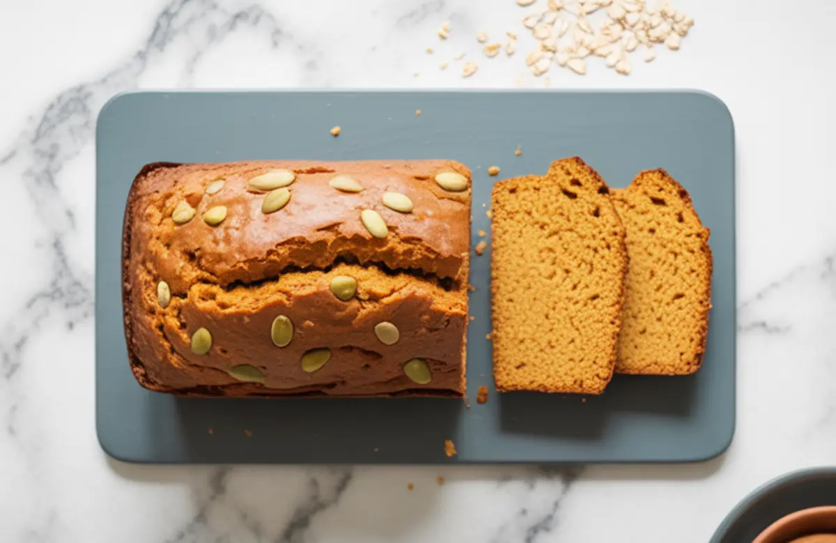 Overhead view of pumpkin bread loaf topped with pumpkin seeds on a cutting board, with two slices cut and oats scattered nearby.