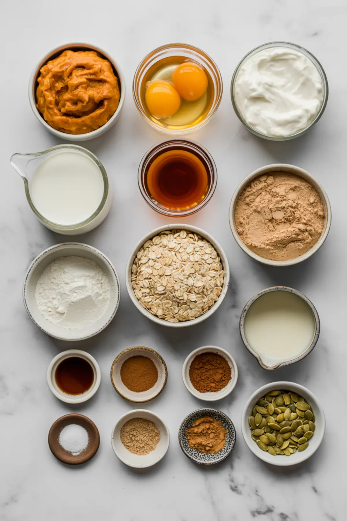 Overhead view of pumpkin bread ingredients in small bowls, including pumpkin puree, eggs, Greek yogurt, oats, milk, protein powder, spices, vanilla, baking soda, and pumpkin seeds.