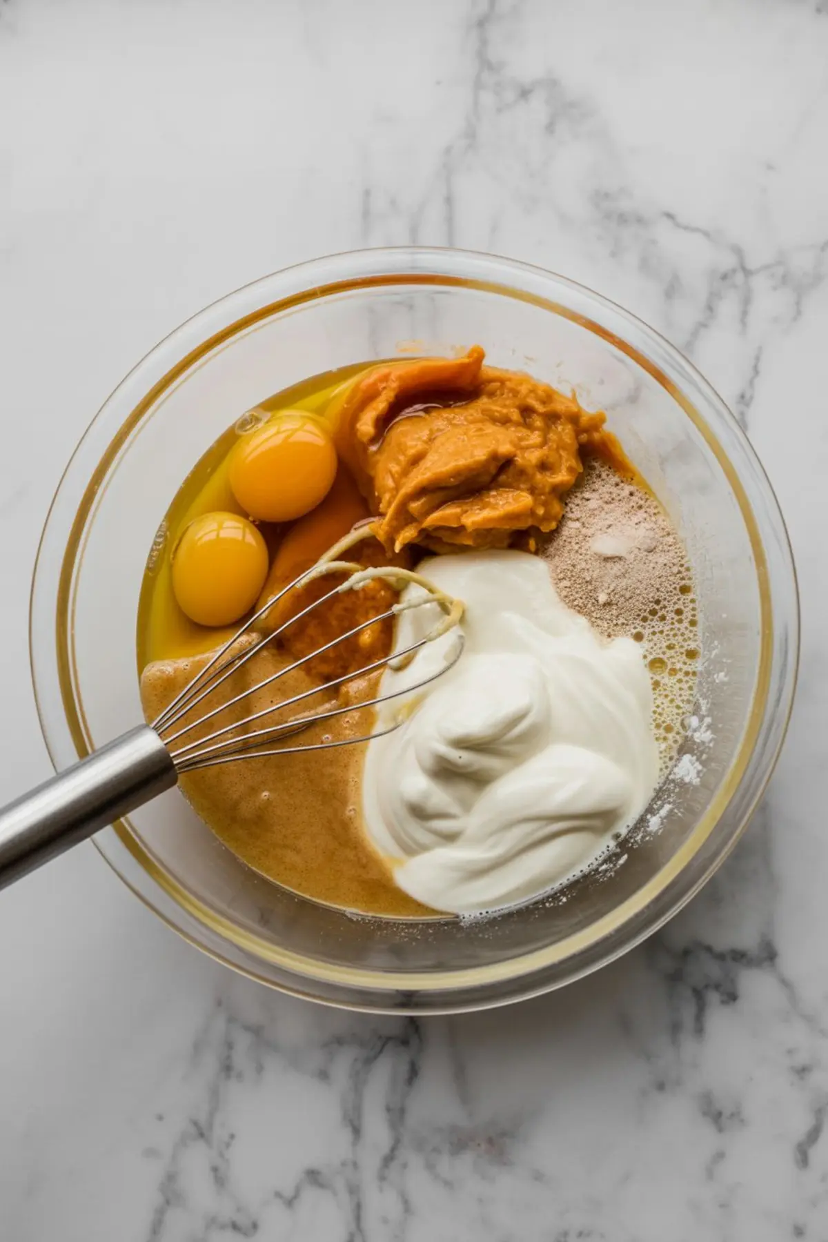 Glass mixing bowl with eggs, pumpkin puree, Greek yogurt, and a whisk on a marble countertop.