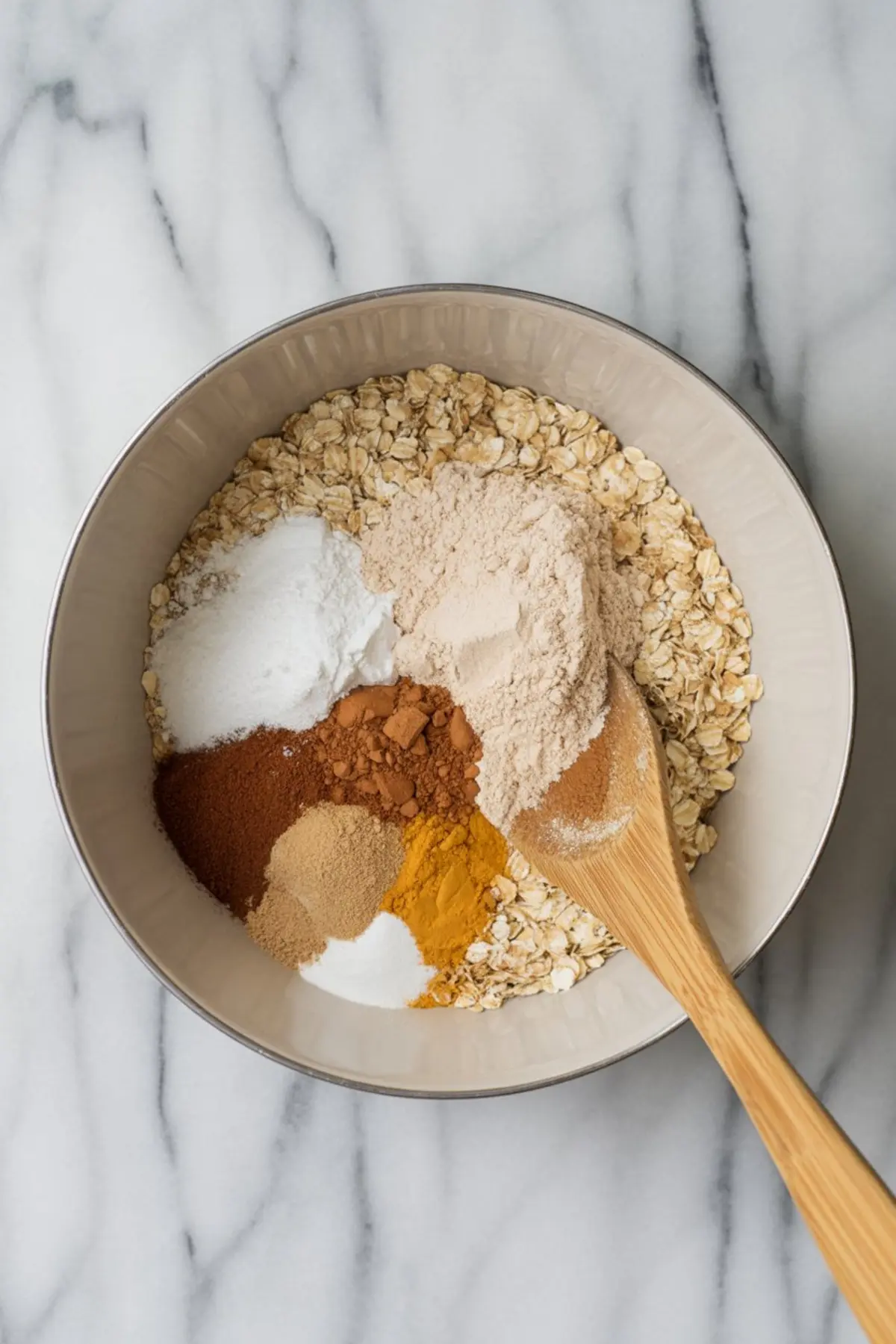 Ceramic bowl with rolled oats, protein powder, baking soda, cinnamon, turmeric, ginger, and nutmeg, stirred with a wooden spoon.