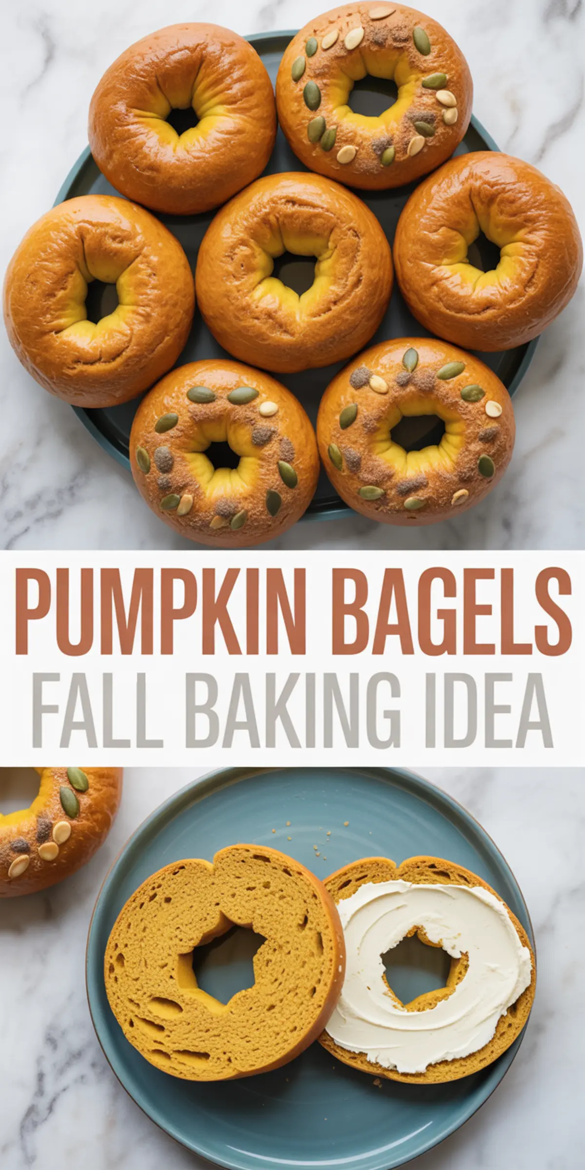 Collage of pumpkin bagels on a plate, some topped with pumpkin seeds and cinnamon sugar, with a sliced bagel spread with cream cheese. Text overlay reads “Pumpkin Bagels Fall Baking Idea.”