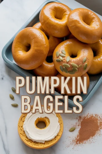 Tray of glossy pumpkin bagels, some topped with pumpkin seeds, with a sliced bagel spread with cream cheese. Text overlay reads “Pumpkin Bagels.”