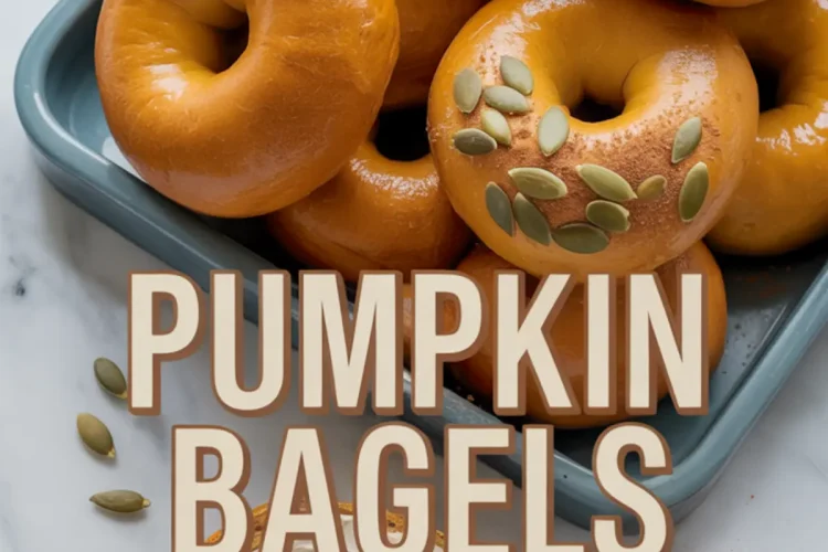 Tray of glossy pumpkin bagels, some topped with pumpkin seeds, with a sliced bagel spread with cream cheese. Text overlay reads “Pumpkin Bagels.”
