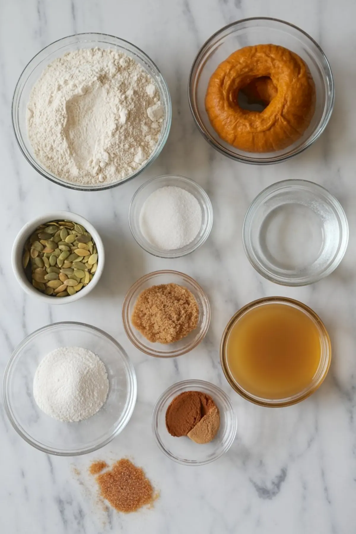 Overhead view of pumpkin bagel ingredients including flour, pumpkin puree, sugar, brown sugar, spices, pumpkin seeds, and apple cider on a marble surface.
