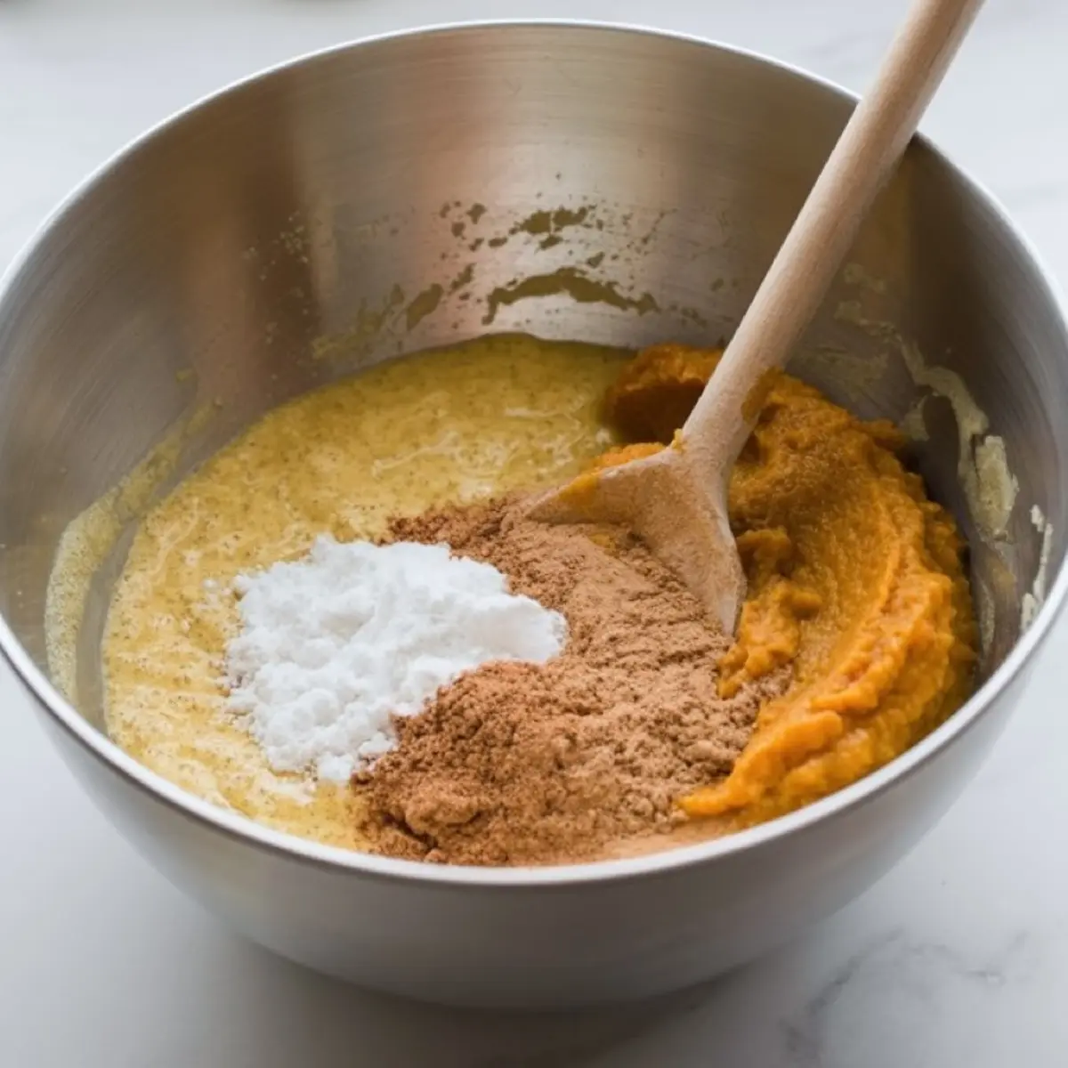 Mixing bowl with pumpkin puree, flour, baking powder, and spices being combined with a wooden spoon for homemade pumpkin bagels.