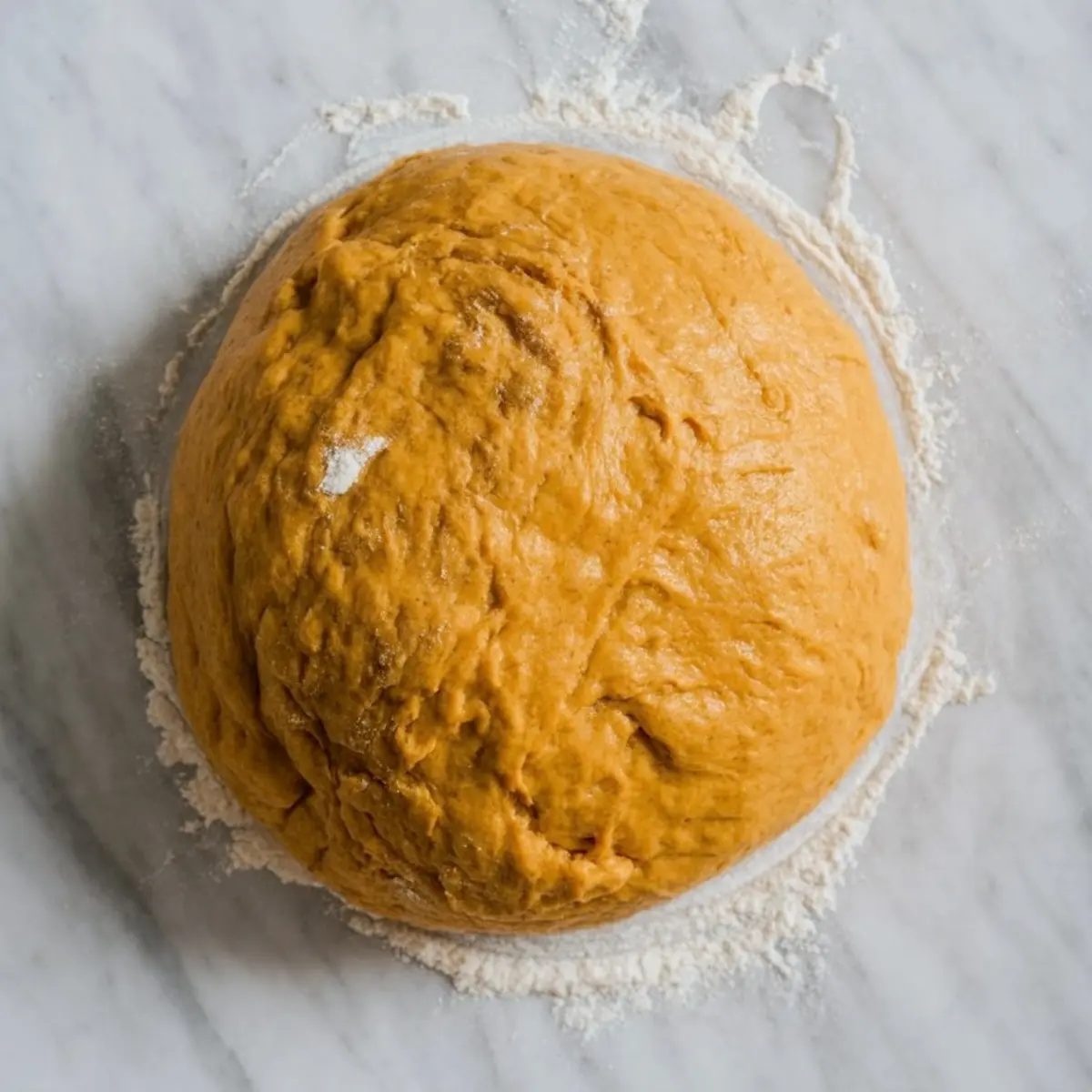 Pumpkin bagel dough ball on a floured marble surface, ready for shaping and baking.