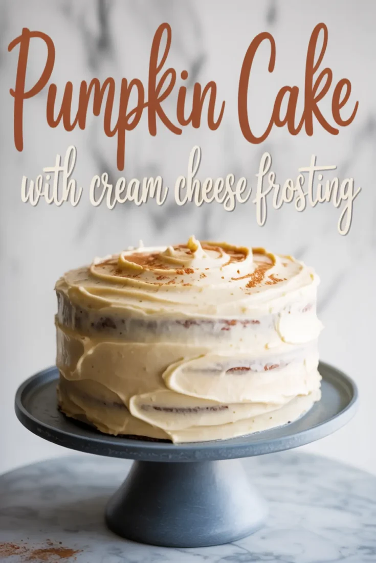 Homemade pumpkin cake with cream cheese frosting on a cake stand, topped with a light dusting of cinnamon, with text overlay reading “Pumpkin Cake with Cream Cheese Frosting.”