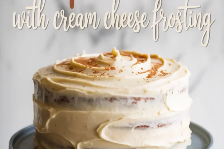 Homemade pumpkin cake with cream cheese frosting on a cake stand, topped with a light dusting of cinnamon, with text overlay reading “Pumpkin Cake with Cream Cheese Frosting.”