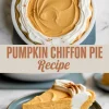 Collage showing a whole pumpkin chiffon pie topped with whipped cream and cinnamon, and a slice on a blue plate highlighting the creamy texture.