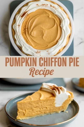 Collage showing a whole pumpkin chiffon pie topped with whipped cream and cinnamon, and a slice on a blue plate highlighting the creamy texture.