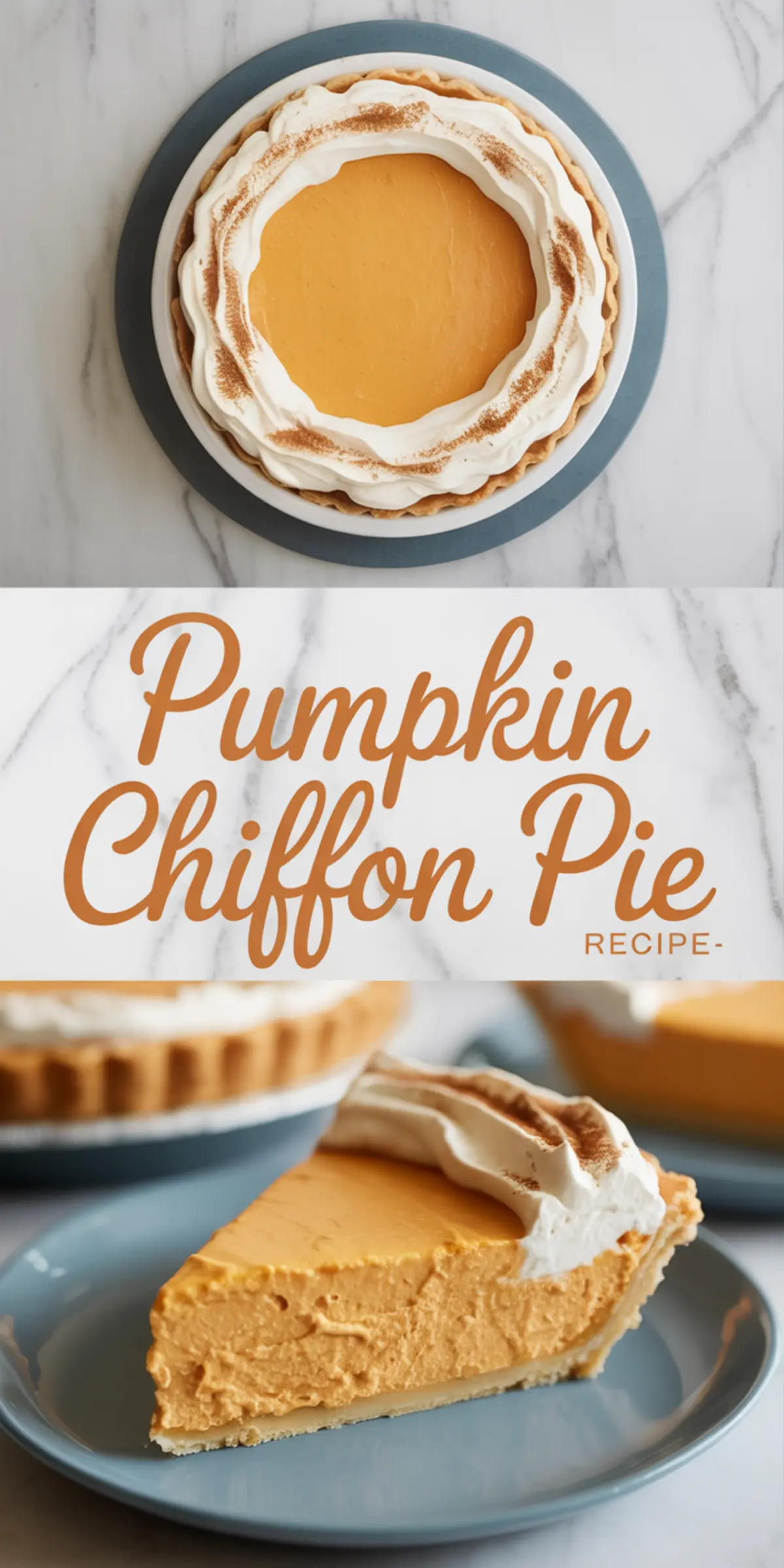 Collage featuring a top view of pumpkin chiffon pie with whipped cream border and cinnamon sprinkle, and a slice served on a blue plate with visible smooth pumpkin filling.