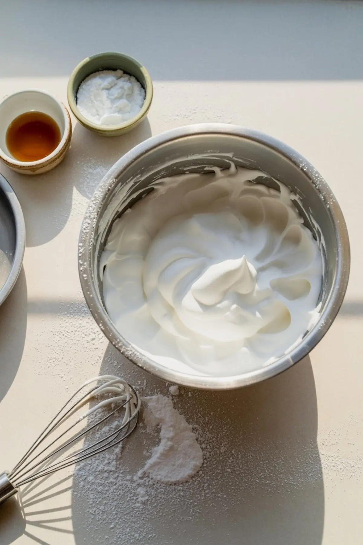 Mixing bowl filled with fluffy whipped cream alongside small bowls of vanilla extract and cornstarch on a light surface with a whisk and scattered powdered sugar.