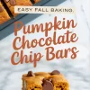 Pumpkin chocolate chip bars baked to a golden brown, with a square piece on a marble surface showing rich chocolate chunks.