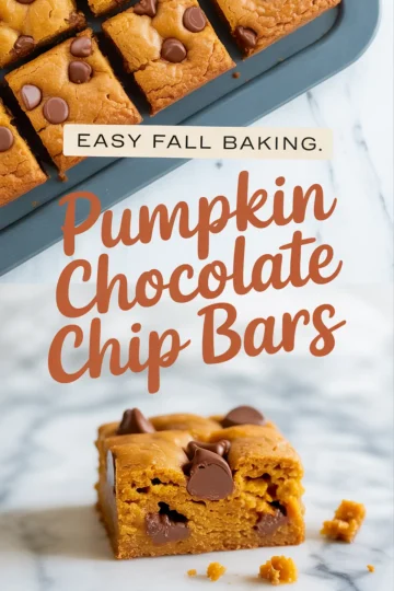 Pumpkin chocolate chip bars baked to a golden brown, with a square piece on a marble surface showing rich chocolate chunks.