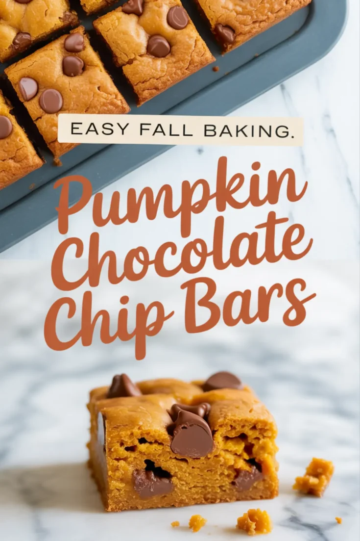 Pumpkin chocolate chip bars baked to a golden brown, with a square piece on a marble surface showing rich chocolate chunks.
