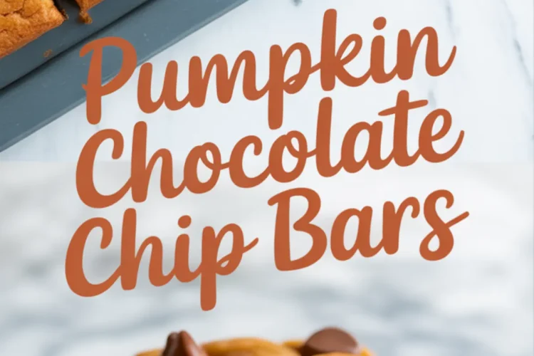 Pumpkin chocolate chip bars baked to a golden brown, with a square piece on a marble surface showing rich chocolate chunks.
