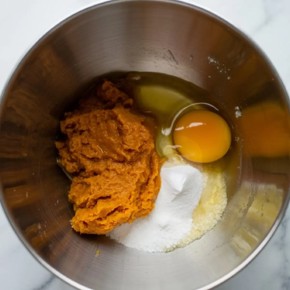 Mixing bowl containing pumpkin puree, an egg, sugar, and butter, ready to be blended into a smooth batter.