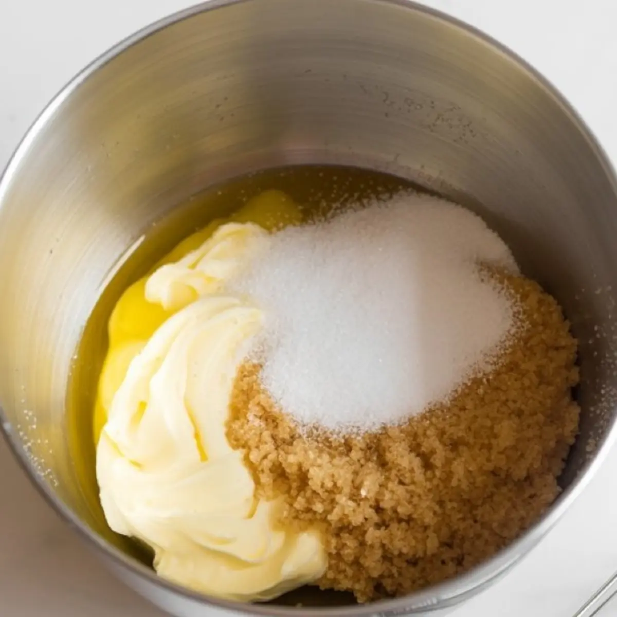 Mixing bowl filled with softened butter, granulated sugar, and brown sugar, ready to be creamed together for baking.