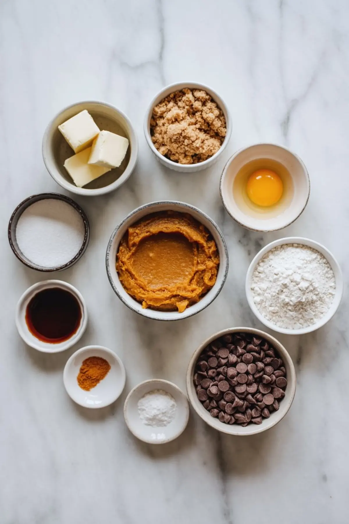 Flat lay of pumpkin chocolate chip bar ingredients on a marble surface, including pumpkin puree, chocolate chips, flour, brown sugar, butter, egg, vanilla extract, baking powder, granulated sugar, and ground cinnamon.