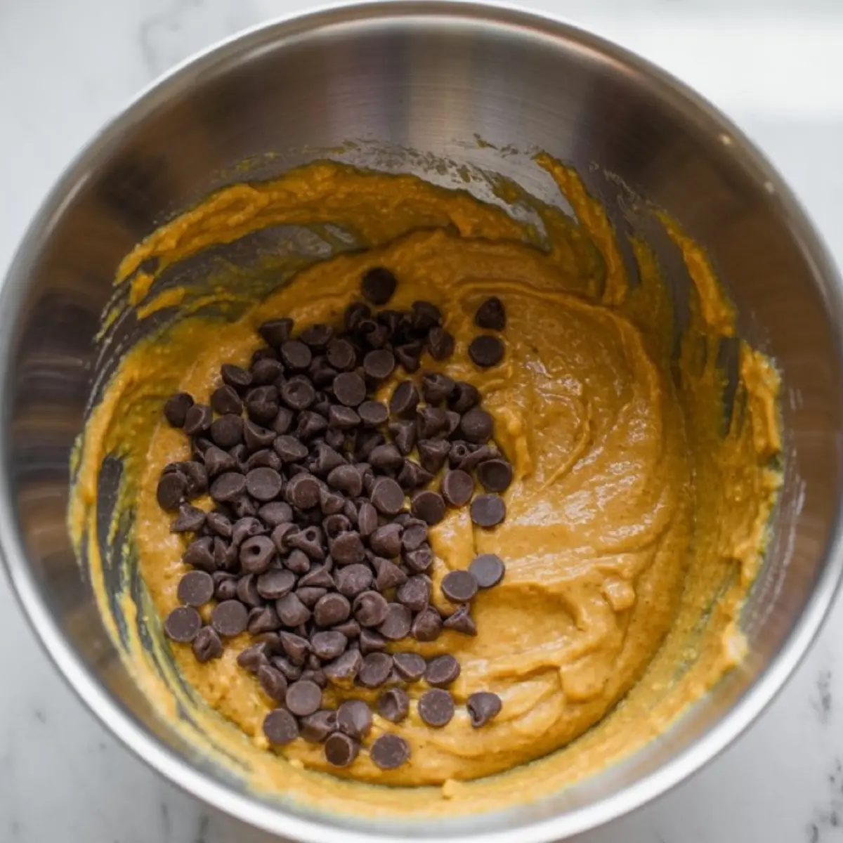 Stainless steel bowl with pumpkin batter mixed with chocolate chips, showing a thick and creamy texture.