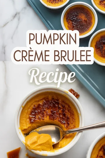 Close-up of pumpkin crème brûlée in white ramekins with golden caramelized tops, one partially eaten, with a spoon inside, and text overlay reading “Pumpkin Crème Brulee Recipe.”