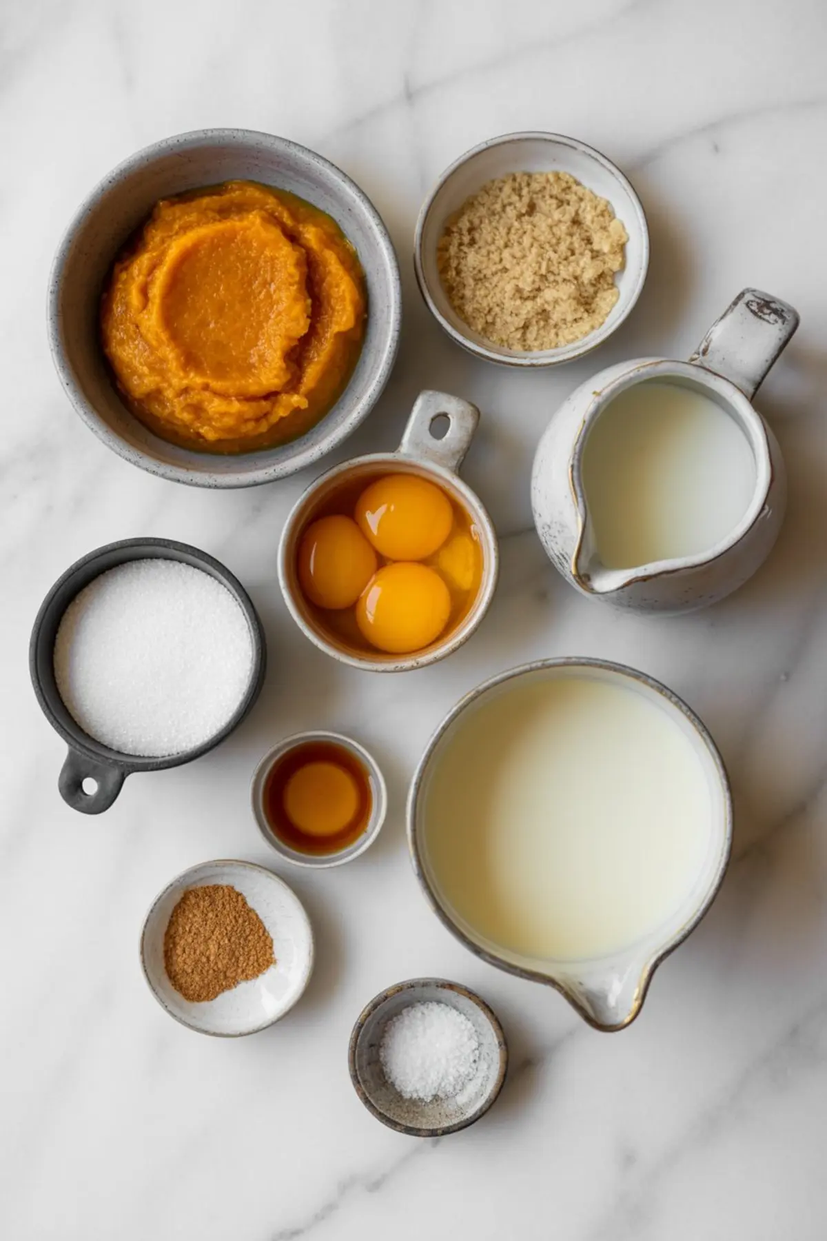 Overhead view of measured ingredients for pumpkin crème brûlée, including pumpkin puree, egg yolks, granulated sugar, brown sugar, milk, vanilla extract, ground spices, and salt on a white marble background.