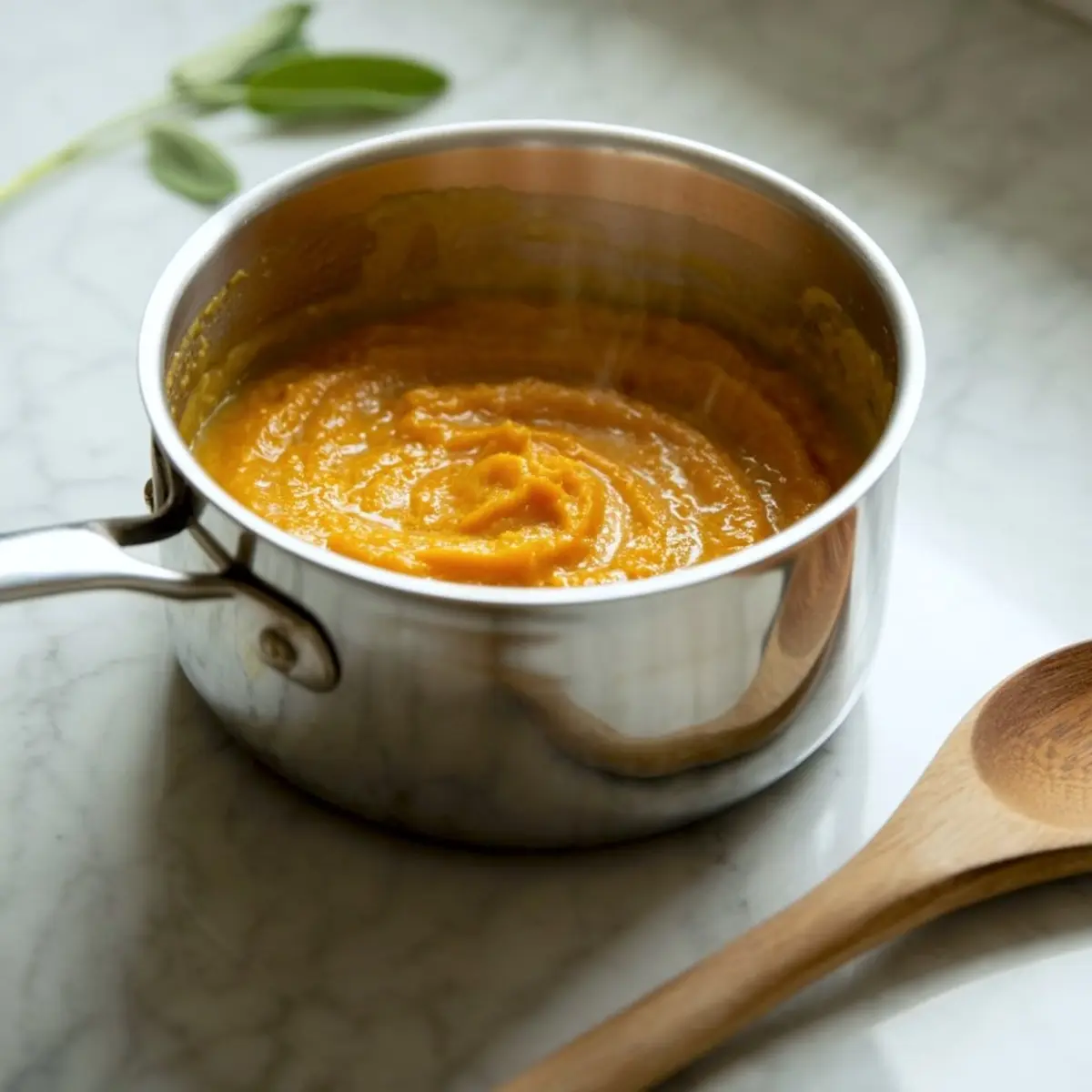 Stainless steel saucepan with freshly made smooth pumpkin puree, with a wooden spoon resting nearby on a marble counter.