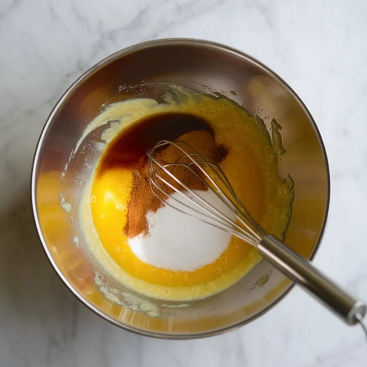 Stainless steel mixing bowl filled with egg yolks, sugar, cinnamon, and vanilla extract being whisked together for pumpkin crème brûlée on a white marble countertop.