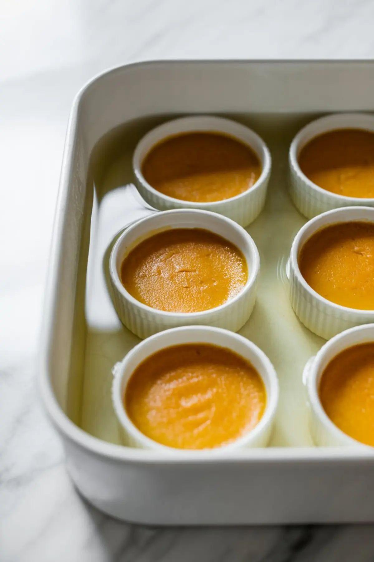 White ramekins filled with pumpkin custard set in a water bath, ready to bake pumpkin crème brûlée, arranged neatly in a ceramic baking dish.