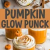 Flat lay and angled views of pumpkin glow punch in glass mugs, each topped with cinnamon-dusted whipped cream and a candy pumpkin garnish. Surrounded by cinnamon sticks and mini pumpkins, with a central text reading “Pumpkin Glow Punch.”