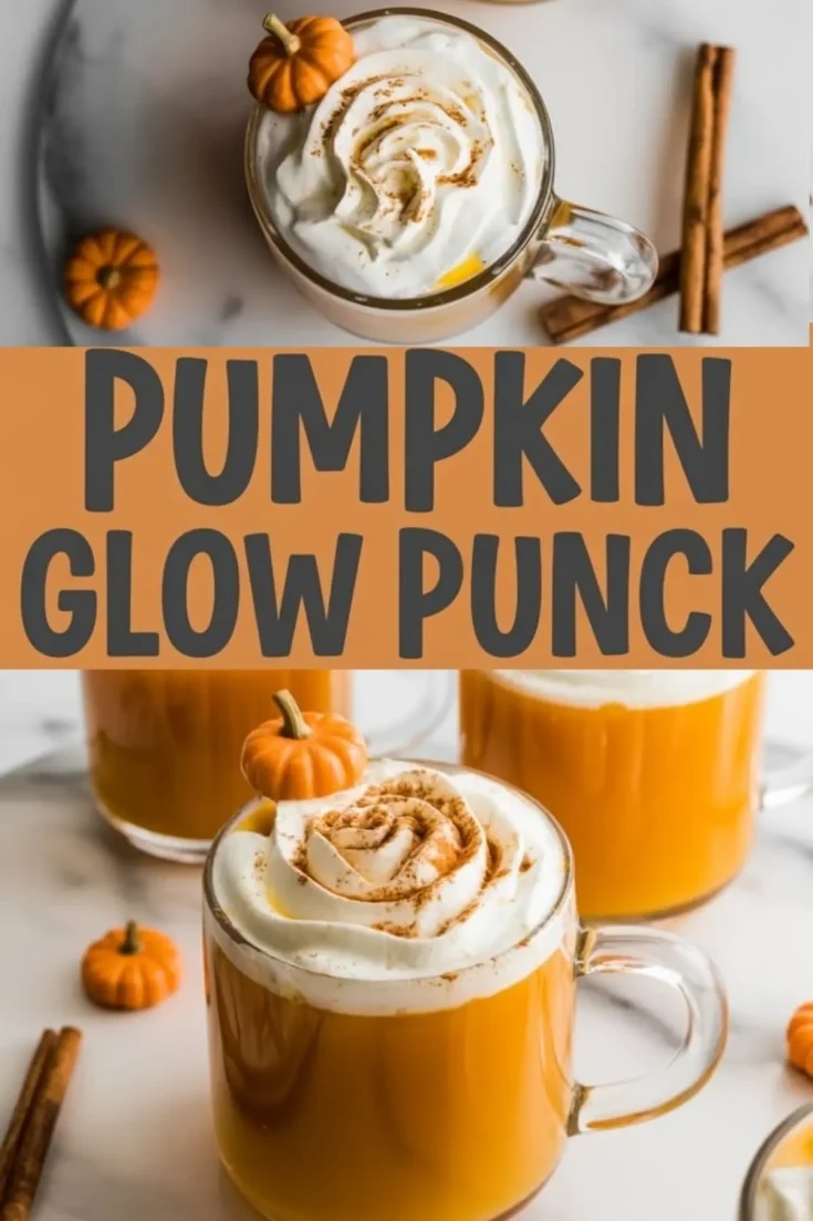 Flat lay and angled views of pumpkin glow punch in glass mugs, each topped with cinnamon-dusted whipped cream and a candy pumpkin garnish. Surrounded by cinnamon sticks and mini pumpkins, with a central text reading “Pumpkin Glow Punch.”