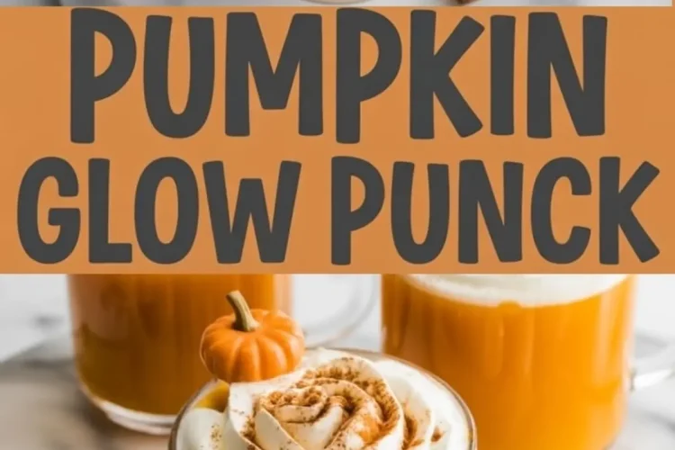 Flat lay and angled views of pumpkin glow punch in glass mugs, each topped with cinnamon-dusted whipped cream and a candy pumpkin garnish. Surrounded by cinnamon sticks and mini pumpkins, with a central text reading “Pumpkin Glow Punch.”