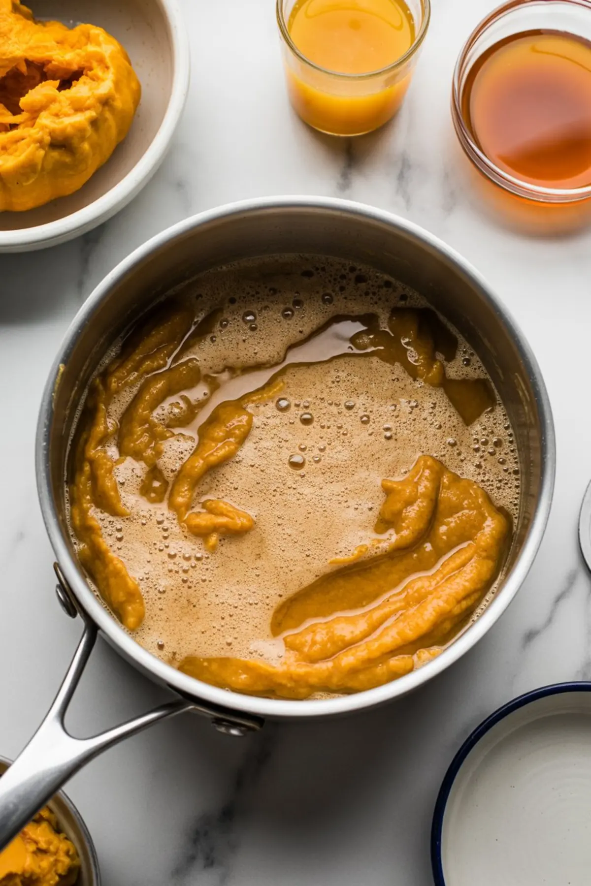 Stainless steel saucepan filled with blended pumpkin mixture and spices on a marble surface, surrounded by small bowls of orange juice, maple syrup, and pumpkin puree—ingredients for making a seasonal pumpkin punch base.