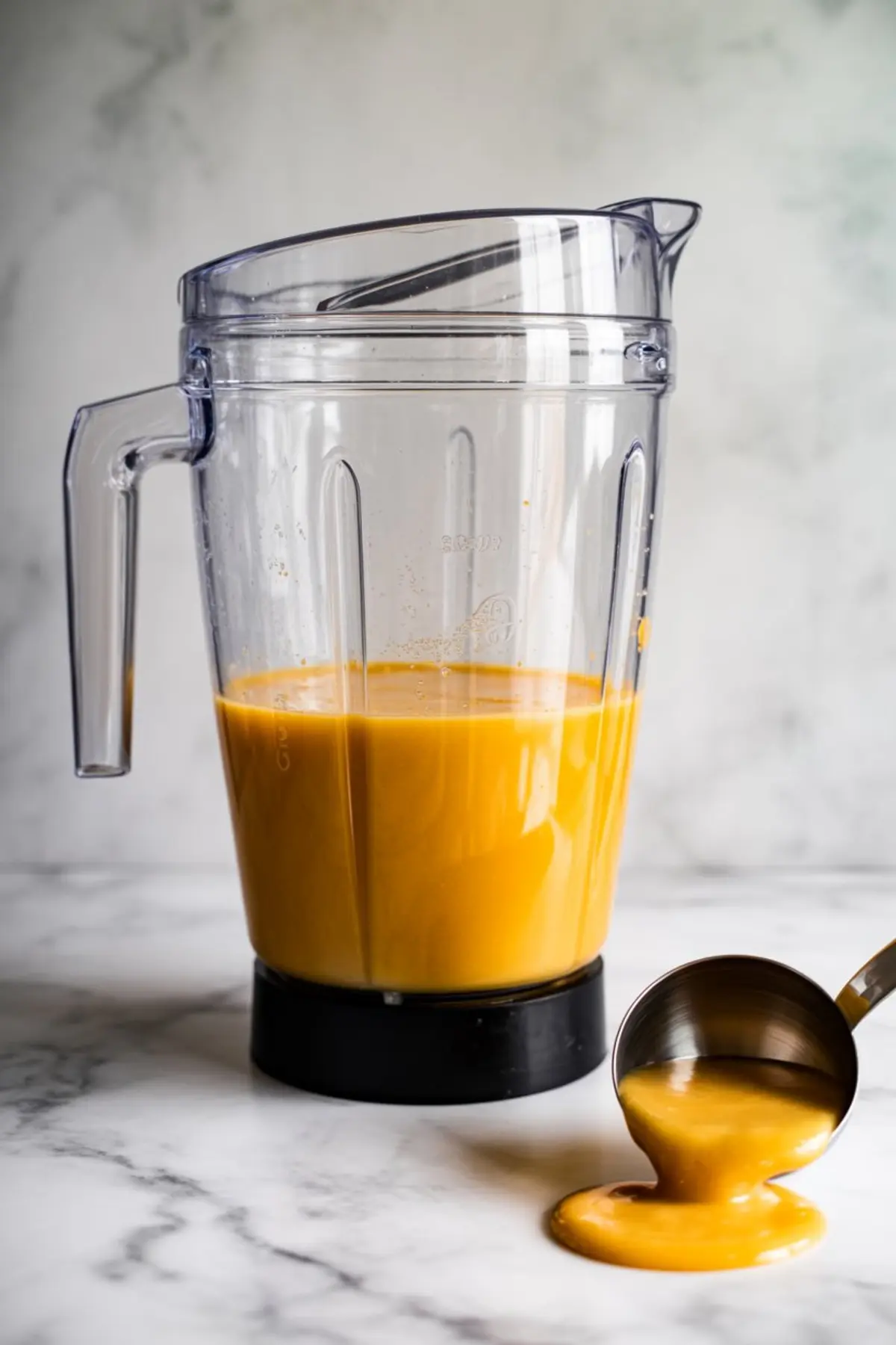 Transparent blender pitcher filled with smooth pumpkin mixture, placed on a marble counter with a metal measuring cup spilling golden-orange pumpkin punch in the foreground.