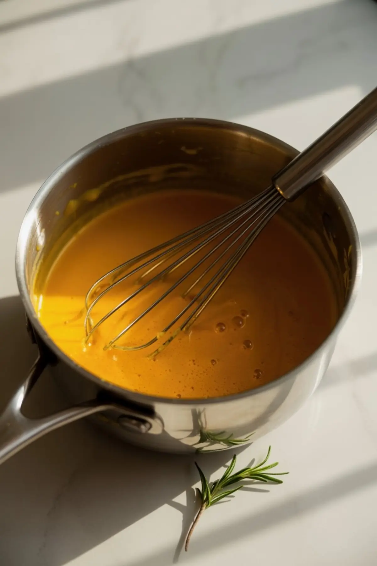 Bright saucepan with thick, orange pumpkin punch mixture being whisked on a sunlit counter, with a sprig of fresh rosemary resting nearby for garnish or infusion.